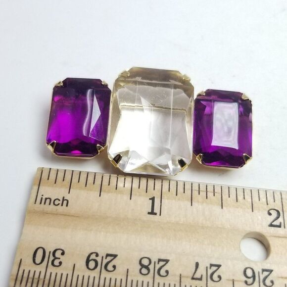 Vintage Purple and Clear Rectangle Rhinestone Brooch, Jewel Tone, Estate - Picture 4 of 5
